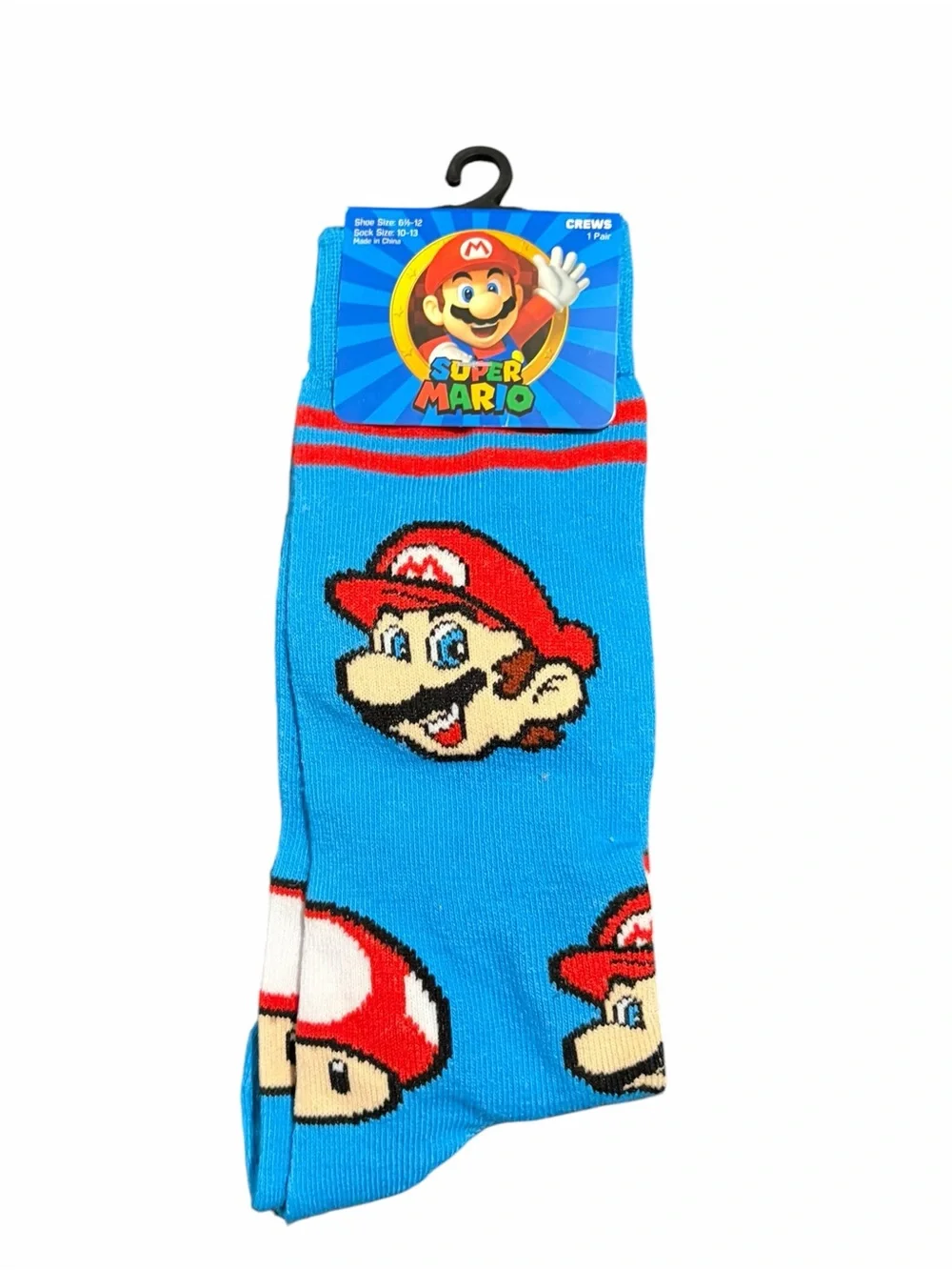 Super Mario Crew Socks Blue Red Mushroom Nintendo Youth Shoe Size 6½-12 NWT
